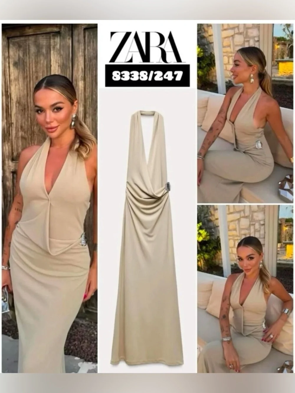 Zara Cream Halter Draped Maxi Dress with Side Brooch - Picture 6 of 11